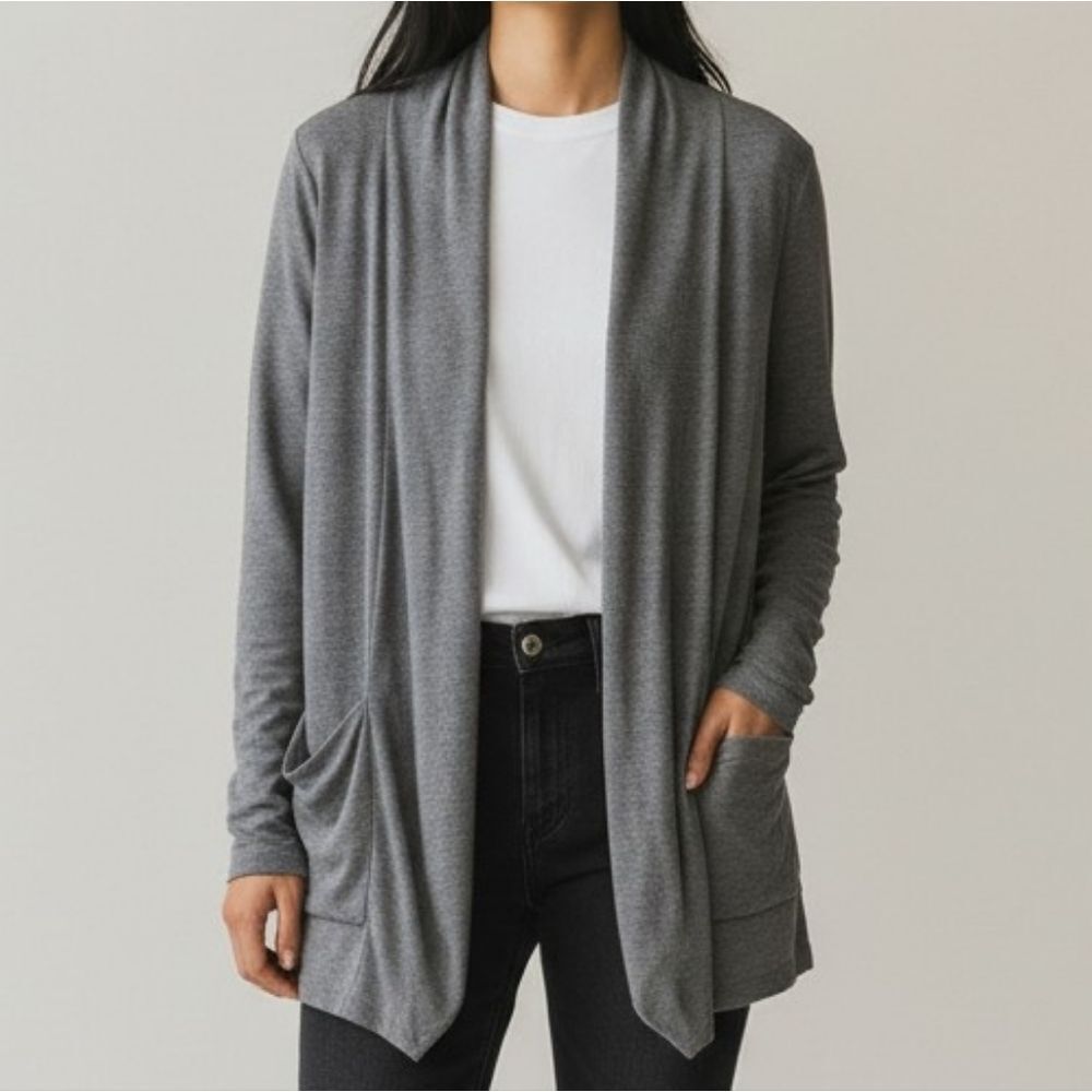 Open Front Mid Grey Cardigan With Pockets